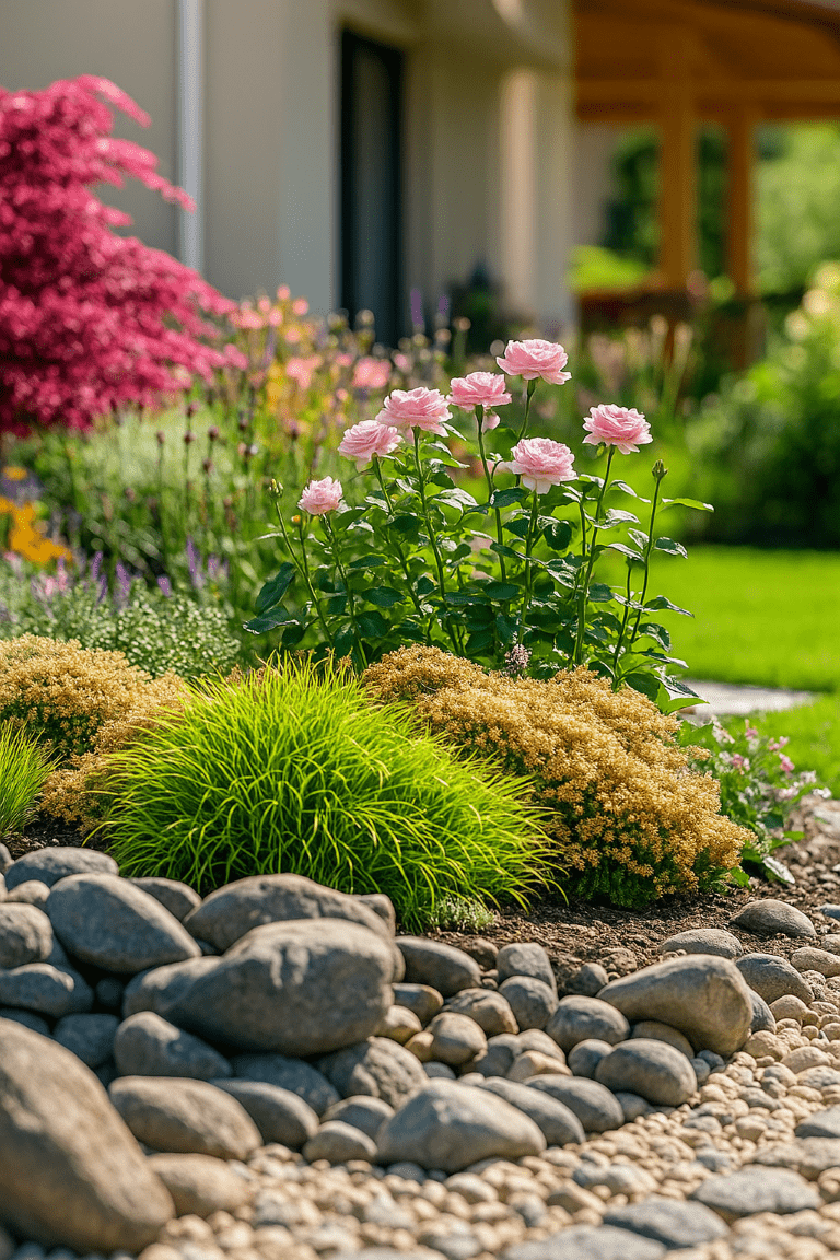 Garten mit Ziersteinen und Findlingen